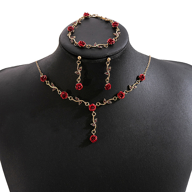 French vintage romantic exquisite and elegant red flower bracelet, necklace and earrings set, women's jewelry accessories