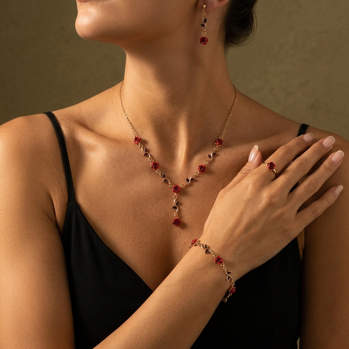 French vintage romantic exquisite and elegant red flower bracelet, necklace and earrings set, women's jewelry accessories