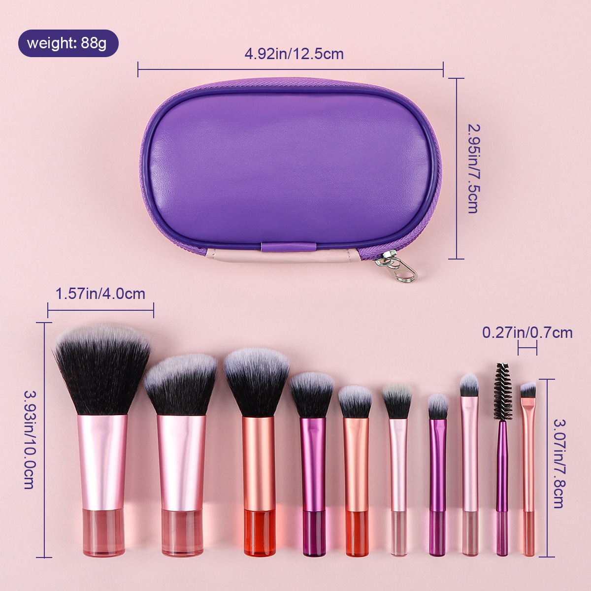 New beginner 10-piece mini makeup brush set, including crystal handle portable foundation make-up brush and eye shadow brush, with complimentary brush bag