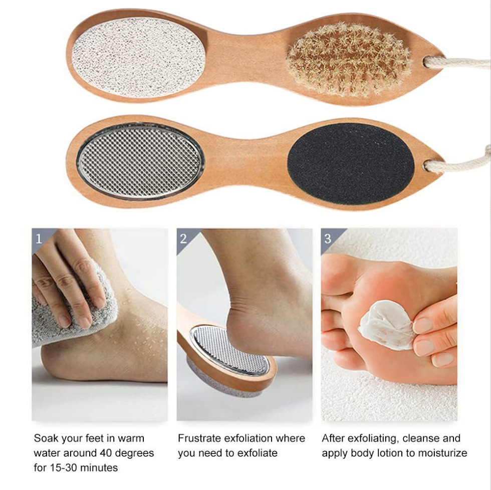 Multi-functional wooden brush for removing dead skin, callus on the sole of the foot, and stubborn callus. Foot grinding and polishing set, foot washing brush, scraping and filing tool set for pedicur