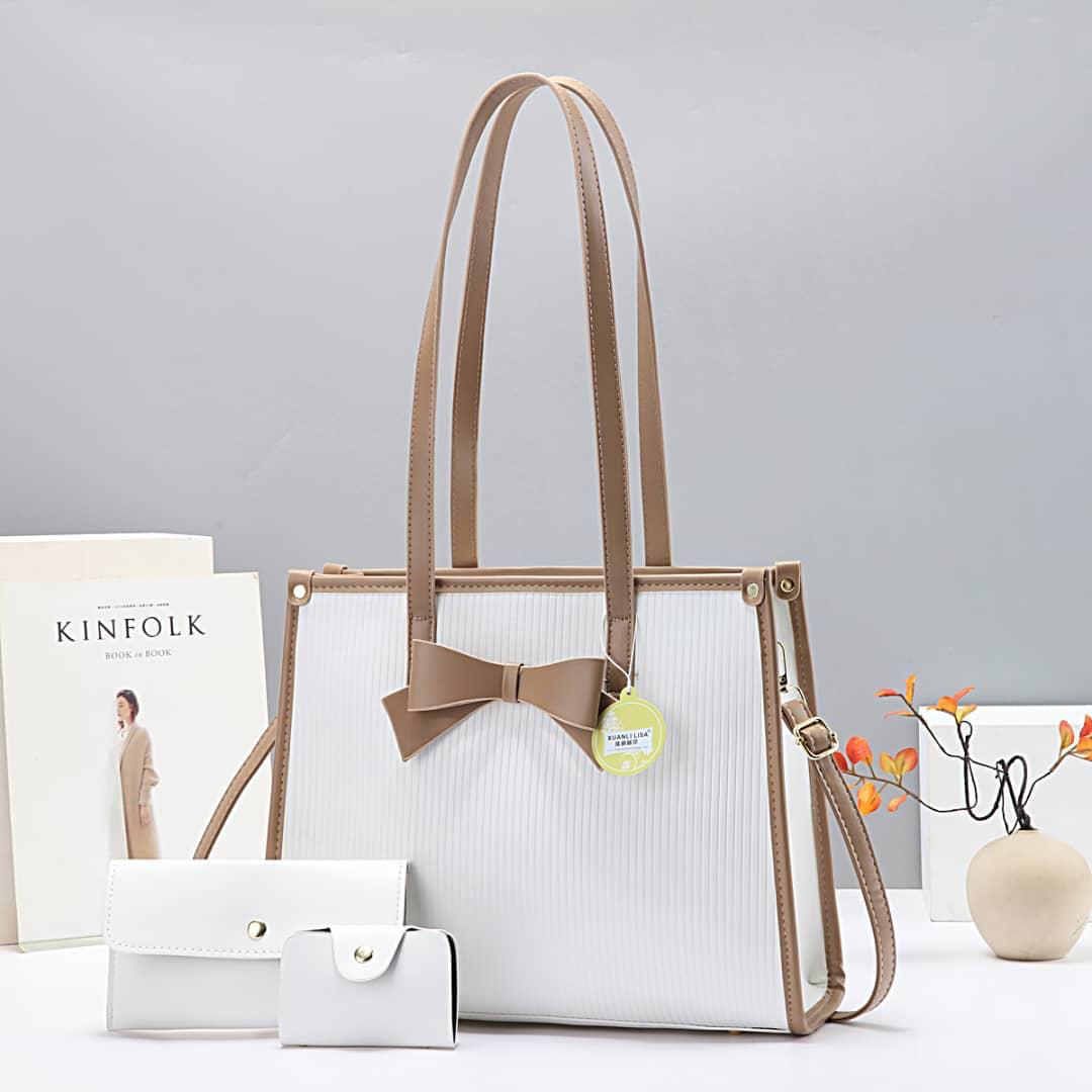 Women 3 in 1 PU Bowtie Handbags Set Elegant Stylish Tote Shoulder Crossbody Bag Set Durable Leather Look Fashion Bags Versatile Everyday Use