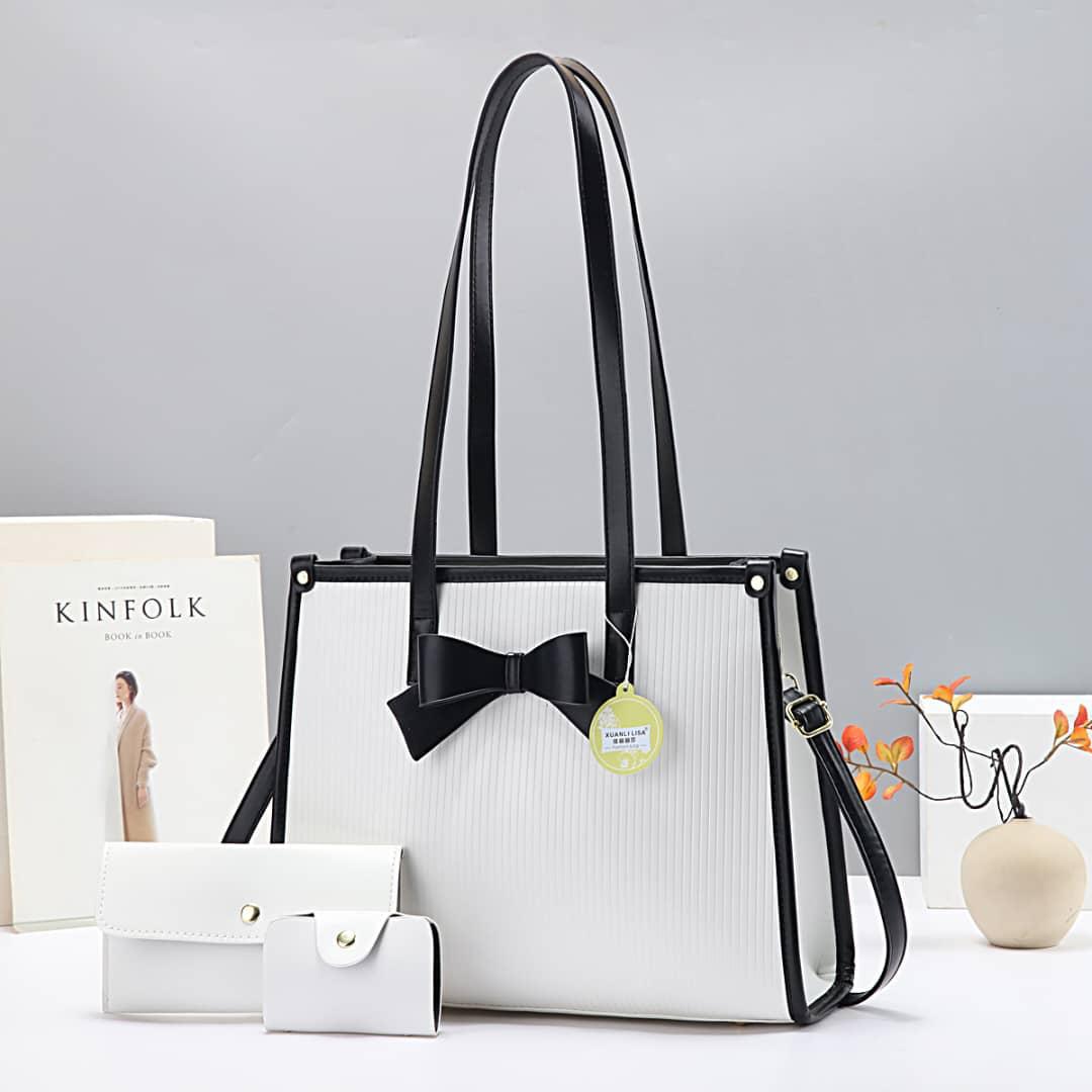 Women 3 in 1 PU Bowtie Handbags Set Elegant Stylish Tote Shoulder Crossbody Bag Set Durable Leather Look Fashion Bags Versatile Everyday Use