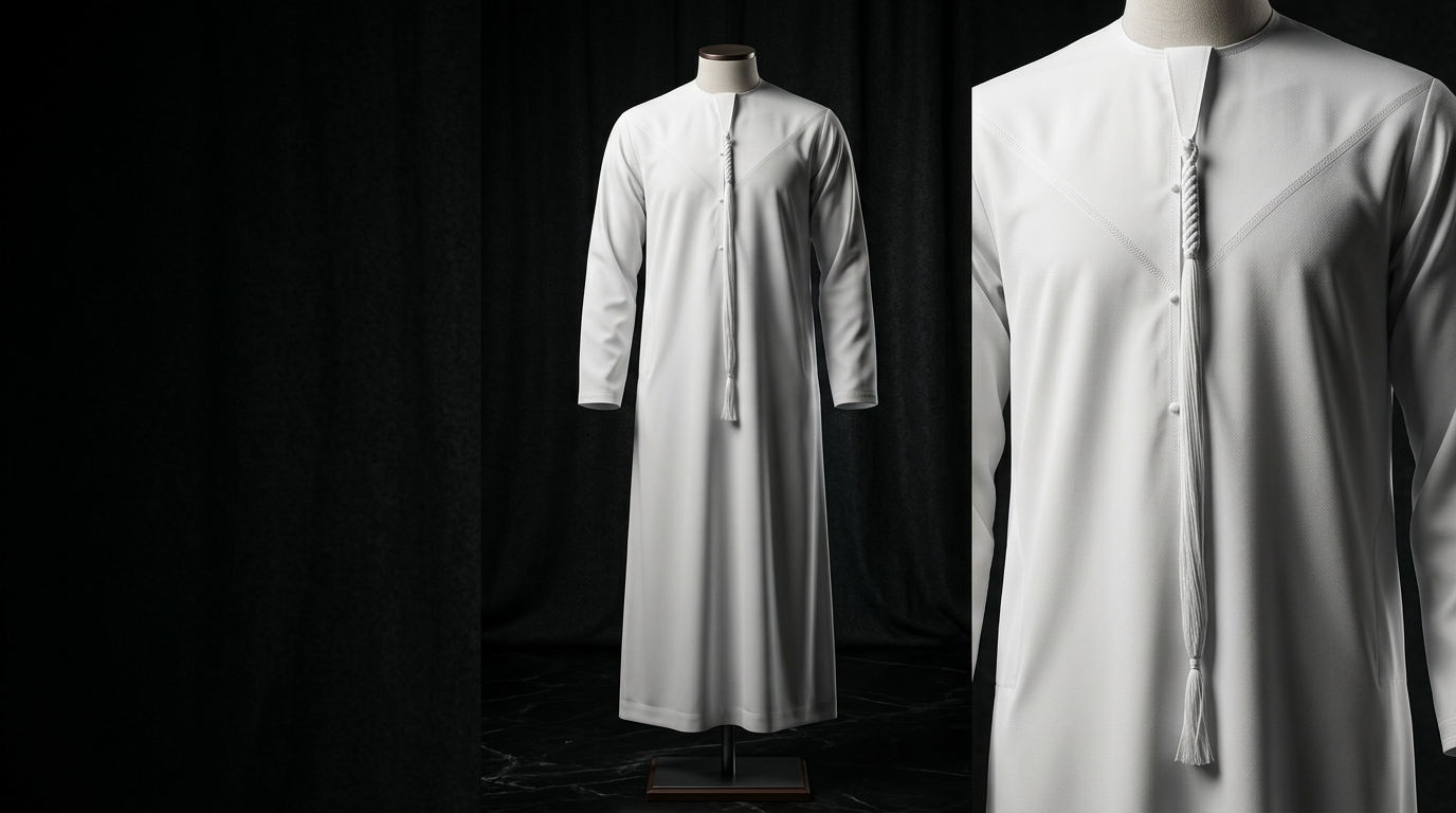 Premium Men’s Omani kanzu (thobe) – Authentic Hand-Braided Tassel & Luxury Fabric