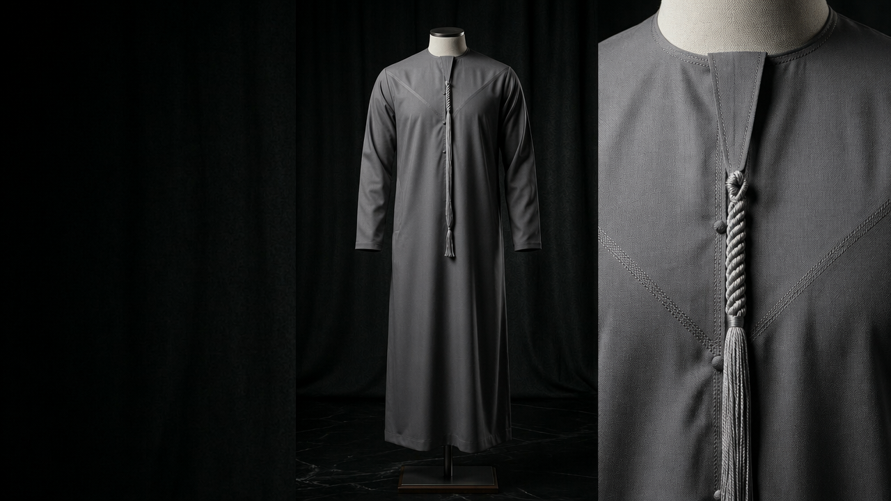 Premium Men’s Omani kanzu (thobe) – Authentic Hand-Braided Tassel & Luxury Fabric