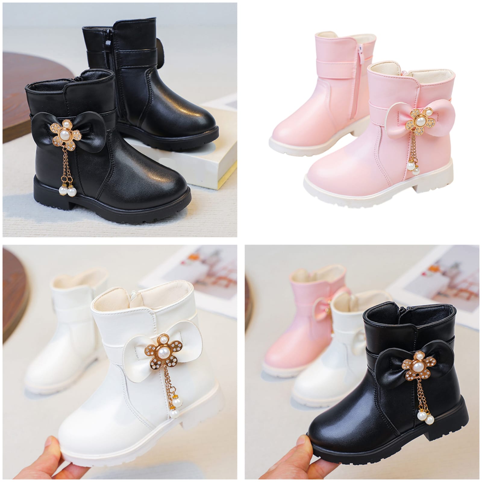 Girls' "Pearl Bloom" Fashion Boots – Elegant Charm in Black, Pink & White