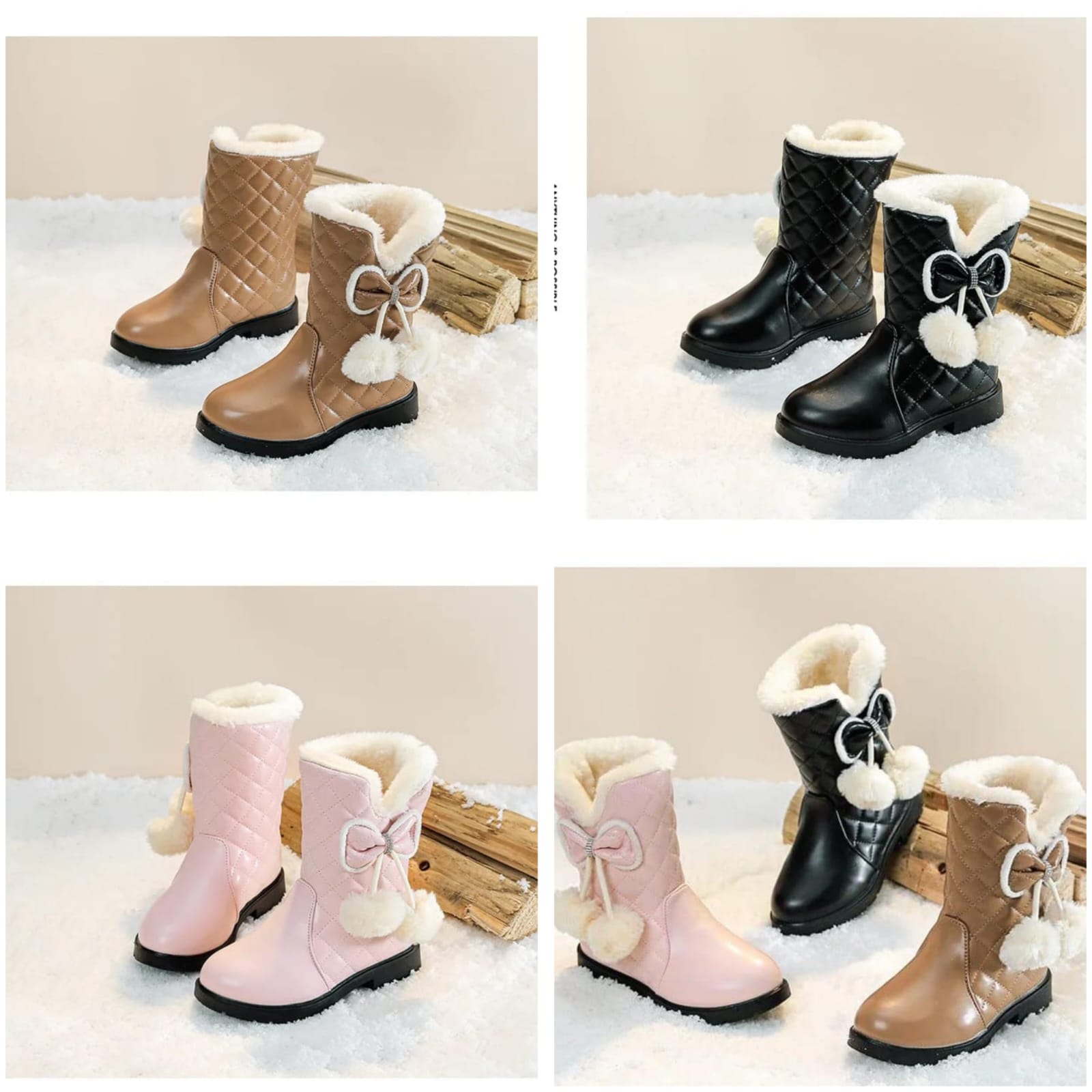Girls' "Royal Quilt" Faux-Fur Boots – Elegant Warmth in Black, Pink & Brown