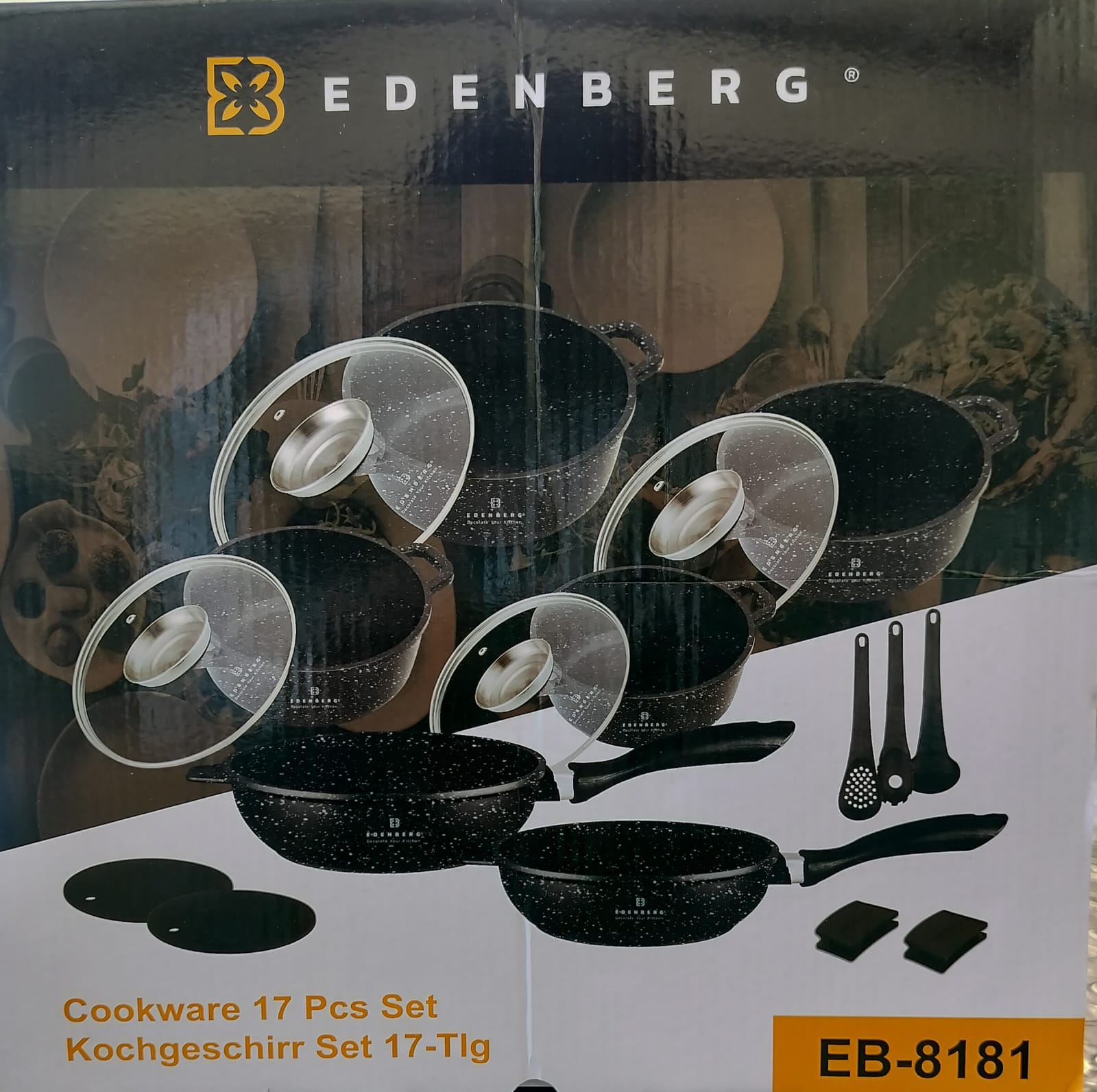 Edenberg 17pcs cookware set

Casserole Pan With Lid 1.3 Ltr. (16x7.5 Cm.)

Casserole With Glass Lid 2.3 Ltr. (20x8.0 Cm.)

Casserole With Glass Lid 4.5 Ltr. (24x11.5 Cm.)

Deep Casserole With Glass Li