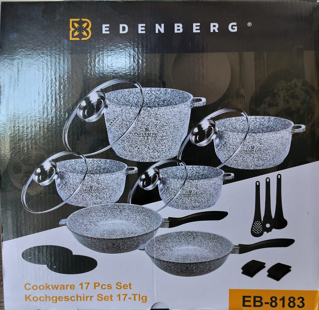 Edenberg 17pcs cookware set

Casserole Pan With Lid 1.3 Ltr. (16x7.5 Cm.)

Casserole With Glass Lid 2.3 Ltr. (20x8.0 Cm.)

Casserole With Glass Lid 4.5 Ltr. (24x11.5 Cm.)

Deep Casserole With Glass Li