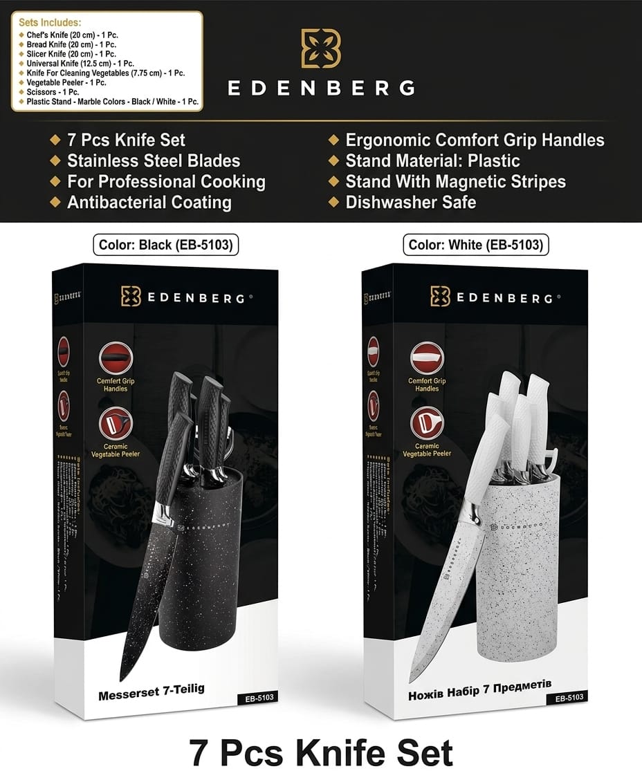 Edenberg 7pcs Knife Set 🔪✨
Designed for both style and performance, this set gives you the perfect tools for all your chopping, slicing, and cutting needs. Whether you're preparing vegetables, meat,