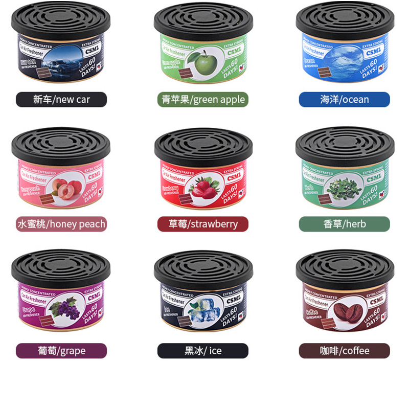 Car Air Freshener Can, Natural Coconut Fiber Solid Perfume with 18 Scents, 60 Days Long-Lasting Odor Eliminator for Car Interior, Home and Office