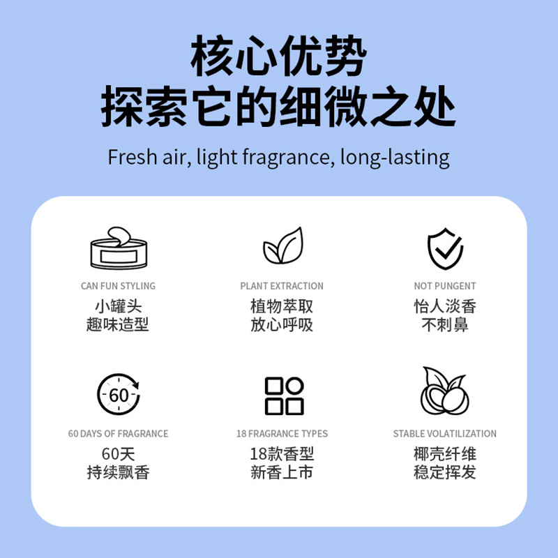 Car Air Freshener Can, Natural Coconut Fiber Solid Perfume with 18 Scents, 60 Days Long-Lasting Odor Eliminator for Car Interior, Home and Office