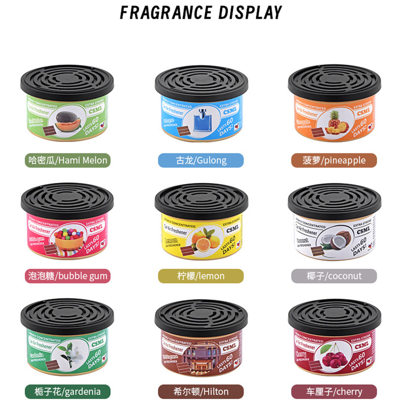 Car Air Freshener Can, Natural Coconut Fiber Solid Perfume with 18 Scents, 60 Days Long-Lasting Odor Eliminator for Car Interior, Home and Office
