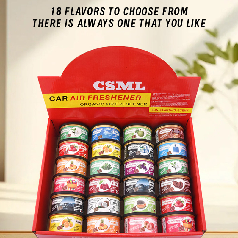 Car Air Freshener Can, Natural Coconut Fiber Solid Perfume with 18 Scents, 60 Days Long-Lasting Odor Eliminator for Car Interior, Home and Office