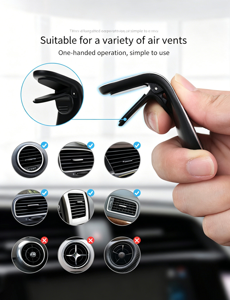L-Shaped Magnetic Car Phone Holder, Air Vent Mount, Strong Magnet, Universal for 4-6 Inch Smartphones Magnetic Air Vent Phone Holder for Car, L-Shape Design, No Blocking Air Outlet