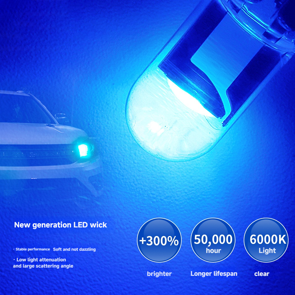 20pcs T10 W5W LED Car Light Bulb, 7 Colors COB Glass 12V, 6000K White Marker Light, License Plate Lamp, Dome Reading Light, DRL Bulb 20pcs