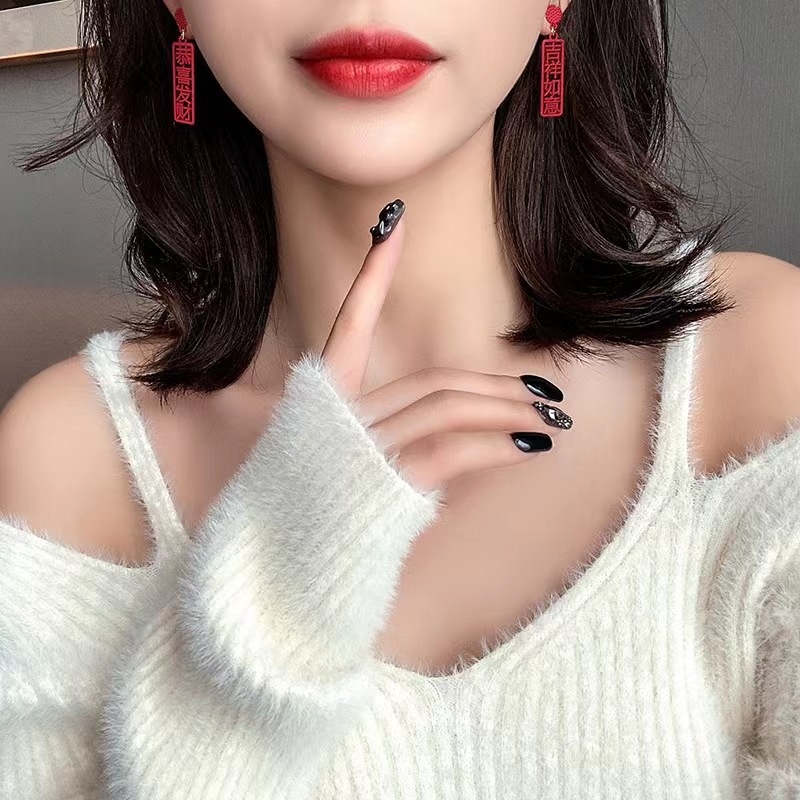 New Chinese Style Festive Red Earrings  Chinese Trendy Lucky Earrings  Wishing You Prosperity  Good Fortune