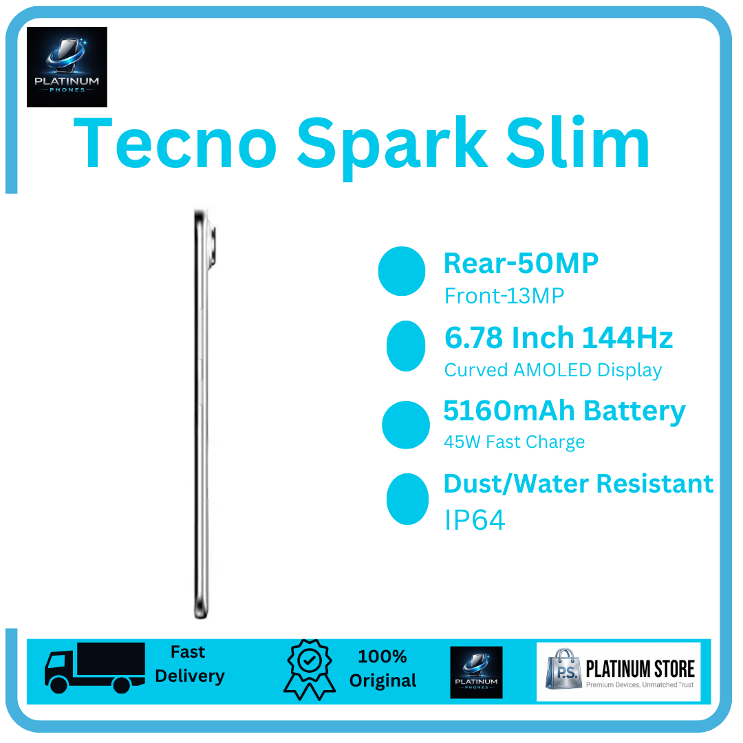 [Anniversary Offer] TECNO Spark Slim 256GB+16(8+8)GB 6.78" Curved AMOLED 144Hz Display 50MP Camera Rear Camera 5160mAh Battery 45W Fast Charging Under-Display Fingerprint Dual SIM IP64 Smartphone