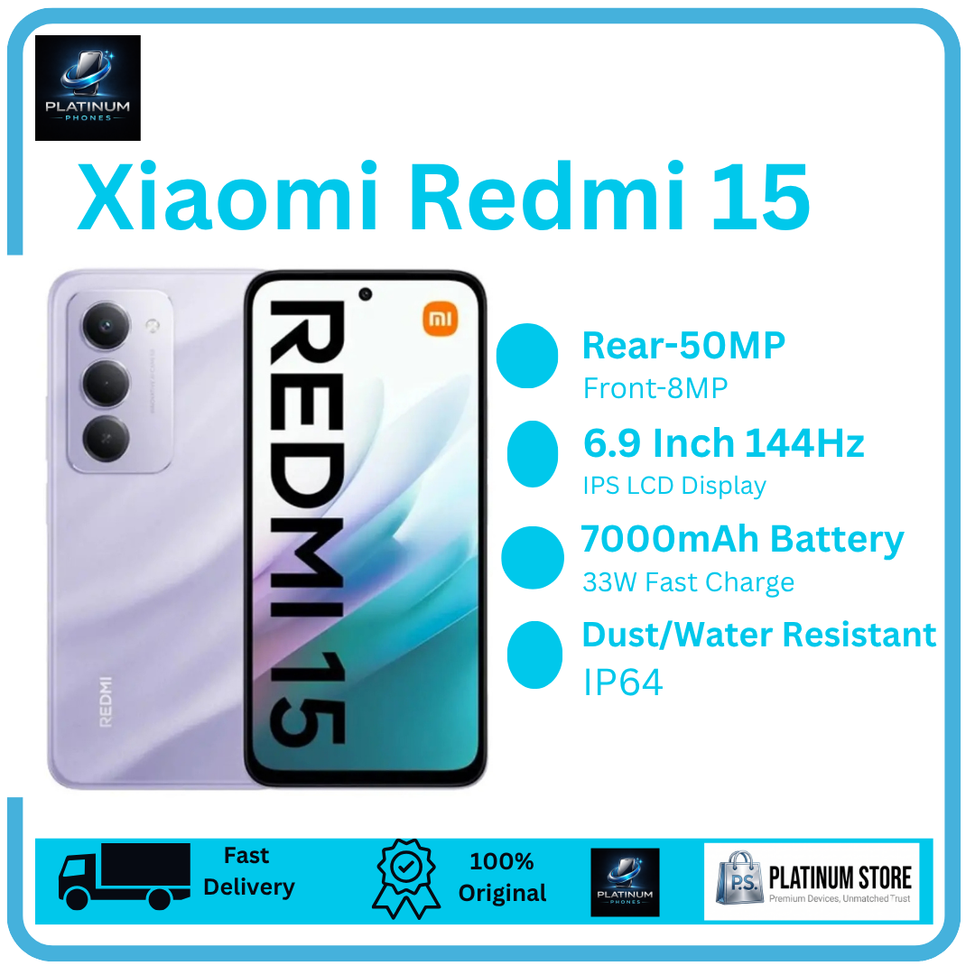 [Anniversary Offer] XIAOMI Redmi 15 256GB+16(8+8)GB 6.9" 144Hz IPS LCD Display 50MP Camera Massive 7000mAh Battery 33W Fast Charging Dual SIM Fingerprint Unlock Snapdragon 685 SoC Smart AI Smartphone
