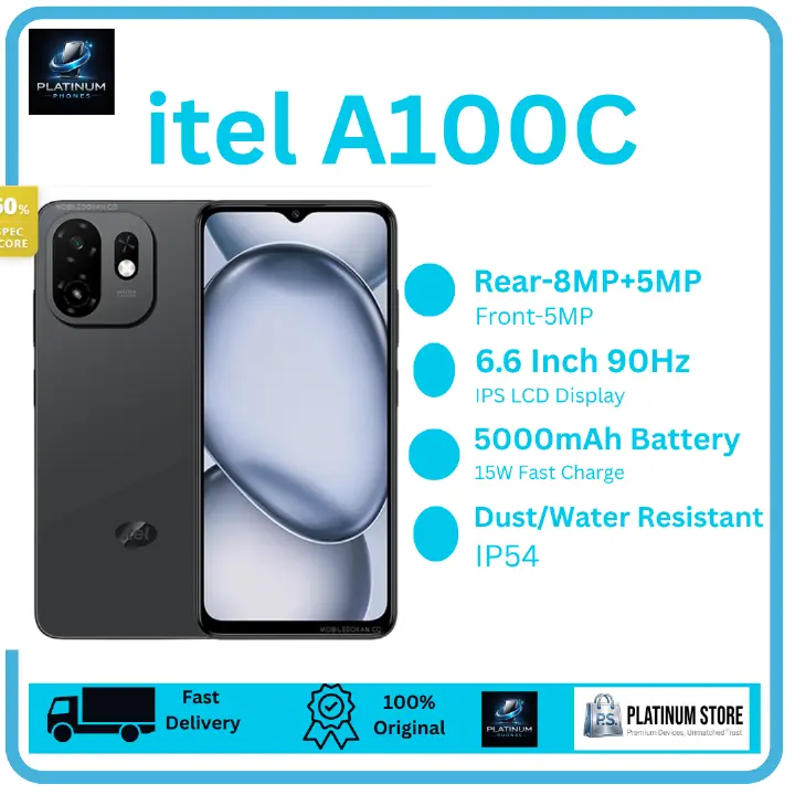 [Anniversary Sale] itel A100C 64GB+6(3+3)GB 6.6" IPS LCD 90Hz Display 8MP Camera Dual SIM 5000mAh Battery Fast Charging Drop Resistant Fingerprint Unlock Android 15 Smartphone itel A100 C