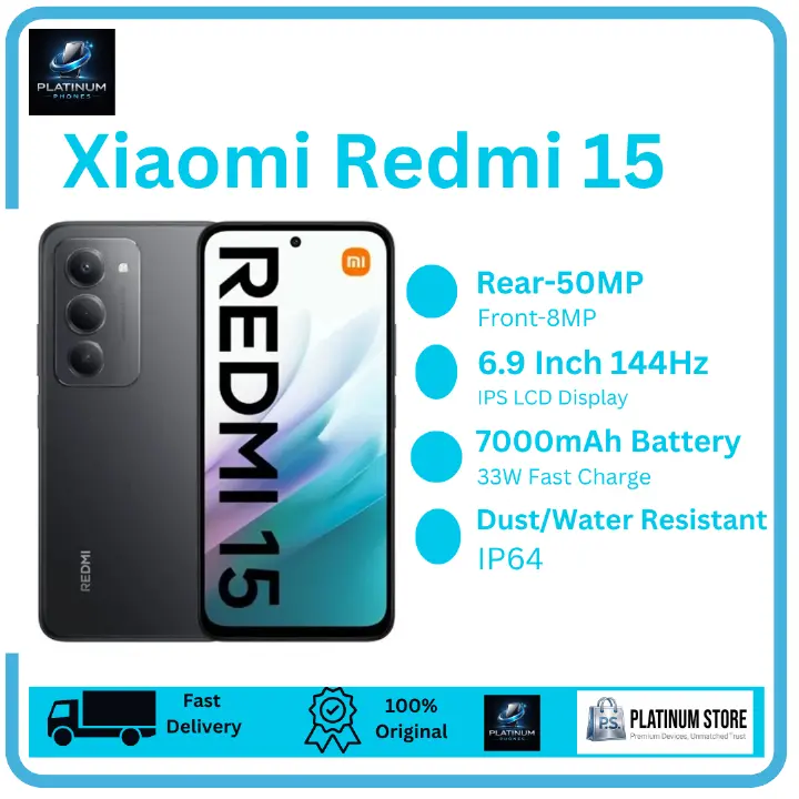 [Anniversary Offer] XIAOMI Redmi 15 256GB+16(8+8)GB 6.9" 144Hz IPS LCD Display 50MP Camera Massive 7000mAh Battery 33W Fast Charging Dual SIM Fingerprint Unlock Snapdragon 685 SoC Smart AI Smartphone