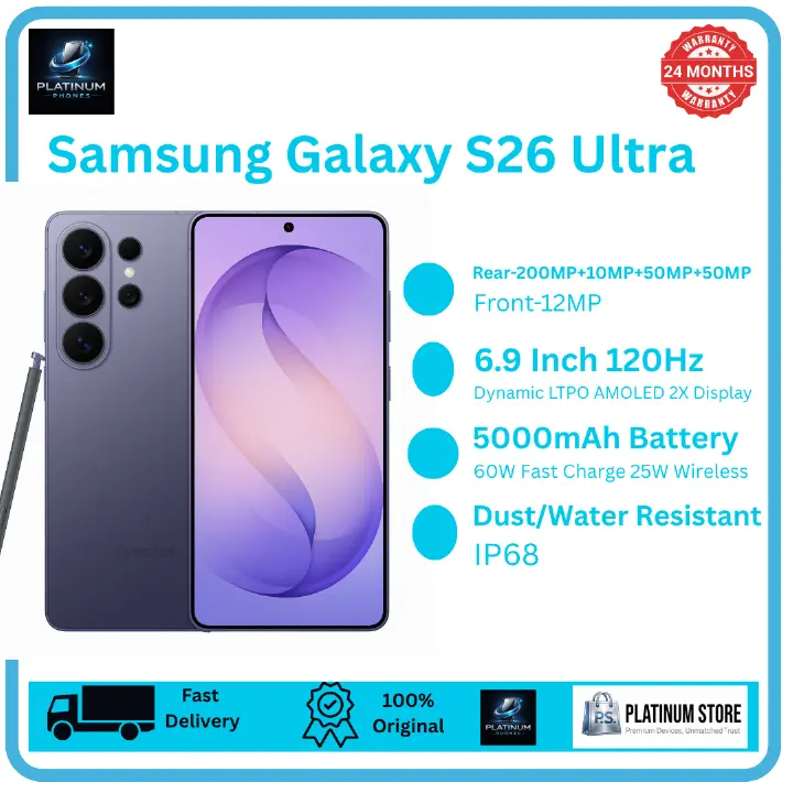Samsung Galaxy S26 Ultra 512GB+12GB 6.9" Dynamic LTPO AMOLED 2X 120Hz Privacy Display (200+10+50+50)MP Rear Camera 5000mAh Battery 60W Wired 25W Wireless Charging Ultra-Sonic Fingerprint Smartphone