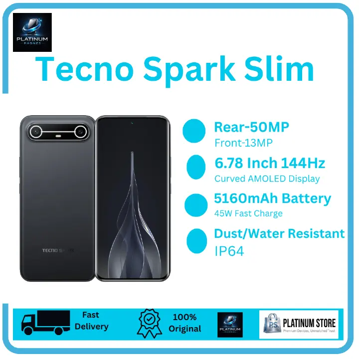 [Anniversary Offer] TECNO Spark Slim 256GB+16(8+8)GB 6.78" Curved AMOLED 144Hz Display 50MP Camera Rear Camera 5160mAh Battery 45W Fast Charging Under-Display Fingerprint Dual SIM IP64 Smartphone