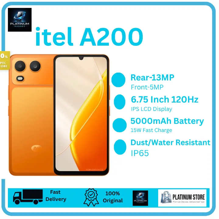 [Anniversary Offer] itel A200 128GB+4GB 6.75" IPS LCD 120Hz Display Dual SIM 13MP Rear Camera 5000mAh Battery 15W Fast Charging IP65 Rated Drop Resistant Smartphone