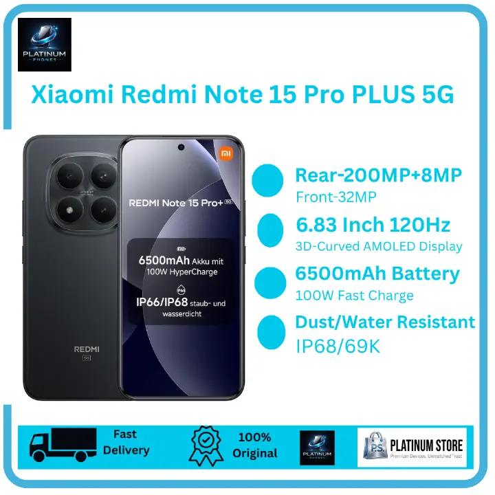 XIAOMI Redmi Note 15 Pro Plus 5G 512/256GB+12GB 3D-Curved AMOLED Display 6.83" 120Hz (200+8)MP Camera 6500mAh Battery 100W Hyper-Charge Under-Display Fingerprint Redmi Note 15 Pro+ 5G Smartphone