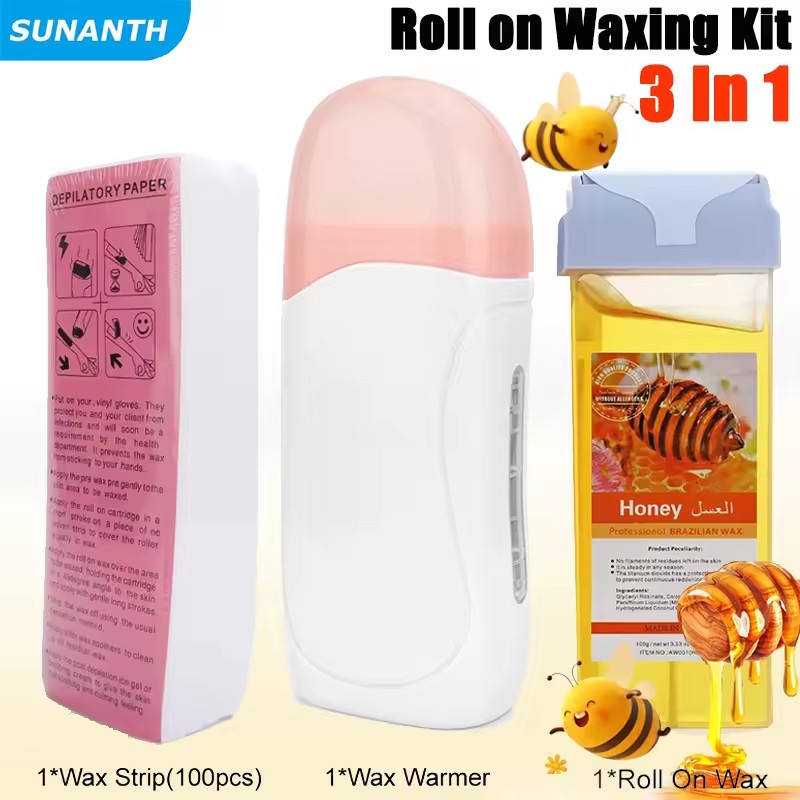 3 in 1 unisex hot roll on wax hair removal kit,hot cartridge warmer for professional waxing Depilatory wax Roll On Heater With Epilator Machine with Wax Refill and Strips for both women and men
