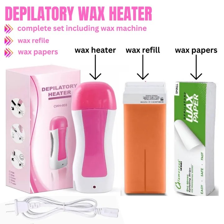 3 in 1 unisex hot roll on wax hair removal kit,hot cartridge warmer for professional waxing Depilatory wax Roll On Heater With Epilator Machine with Wax Refill and Strips for both women and men