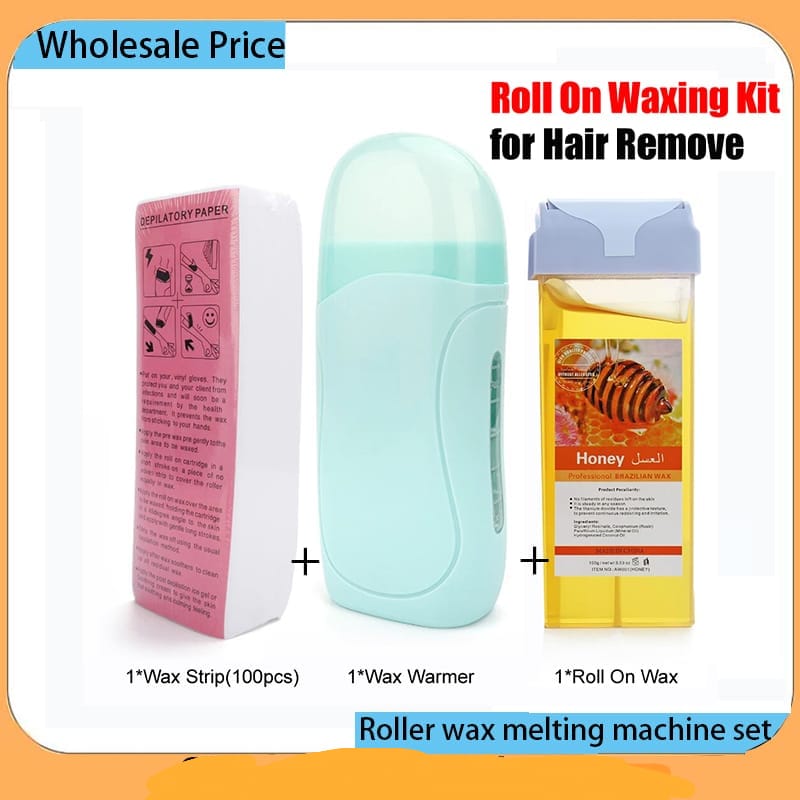 3 in 1 unisex hot roll on wax hair removal kit,hot cartridge warmer for professional waxing Depilatory wax Roll On Heater With Epilator Machine with Wax Refill and Strips for both women and men