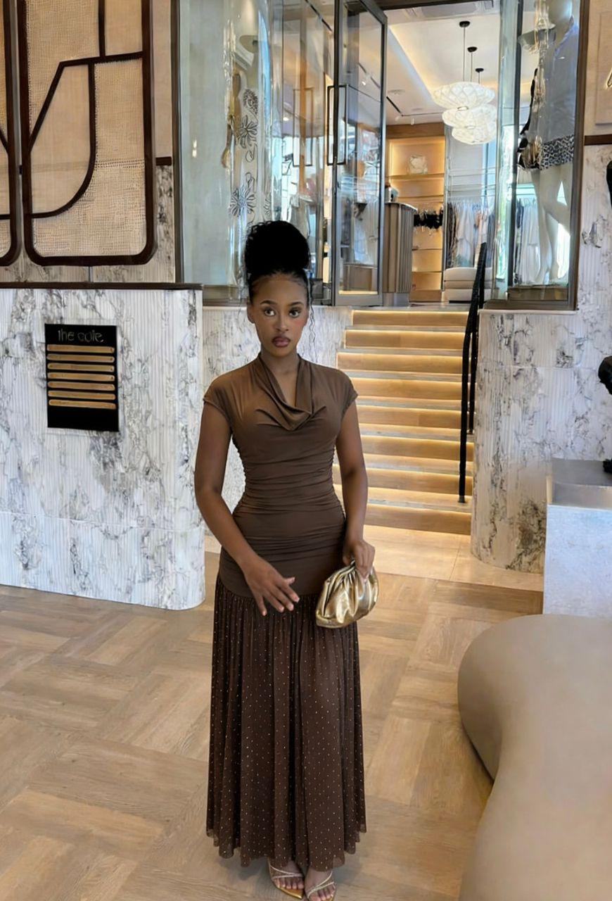Women’s Elegant Ruched Maxi Dress – Brown Evening Party Dress