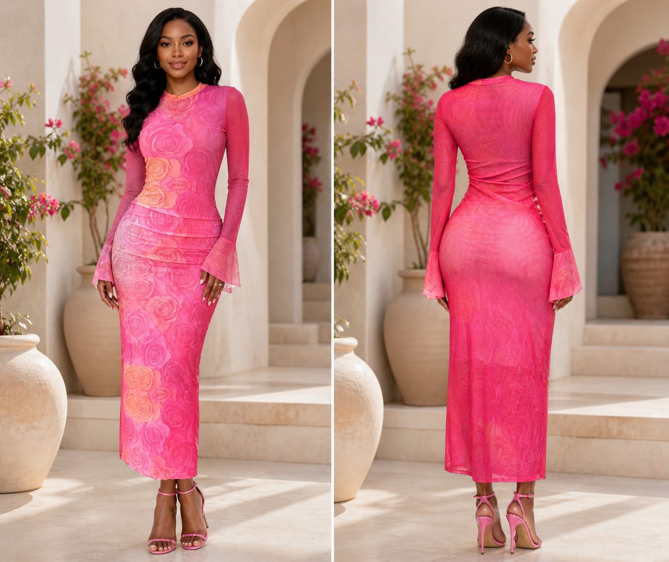 Women’s Elegant Pink Floral Print Maxi Dress – Long Sleeve Bodycon Party Dress