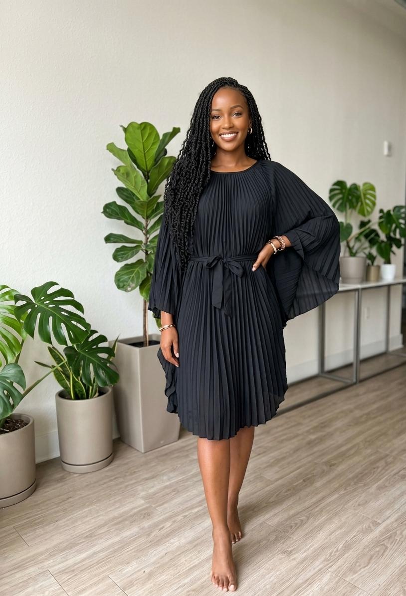 Elegant Pleated Kaftan Dress – Flowy Batwing Sleeve Midi Dress (Black)