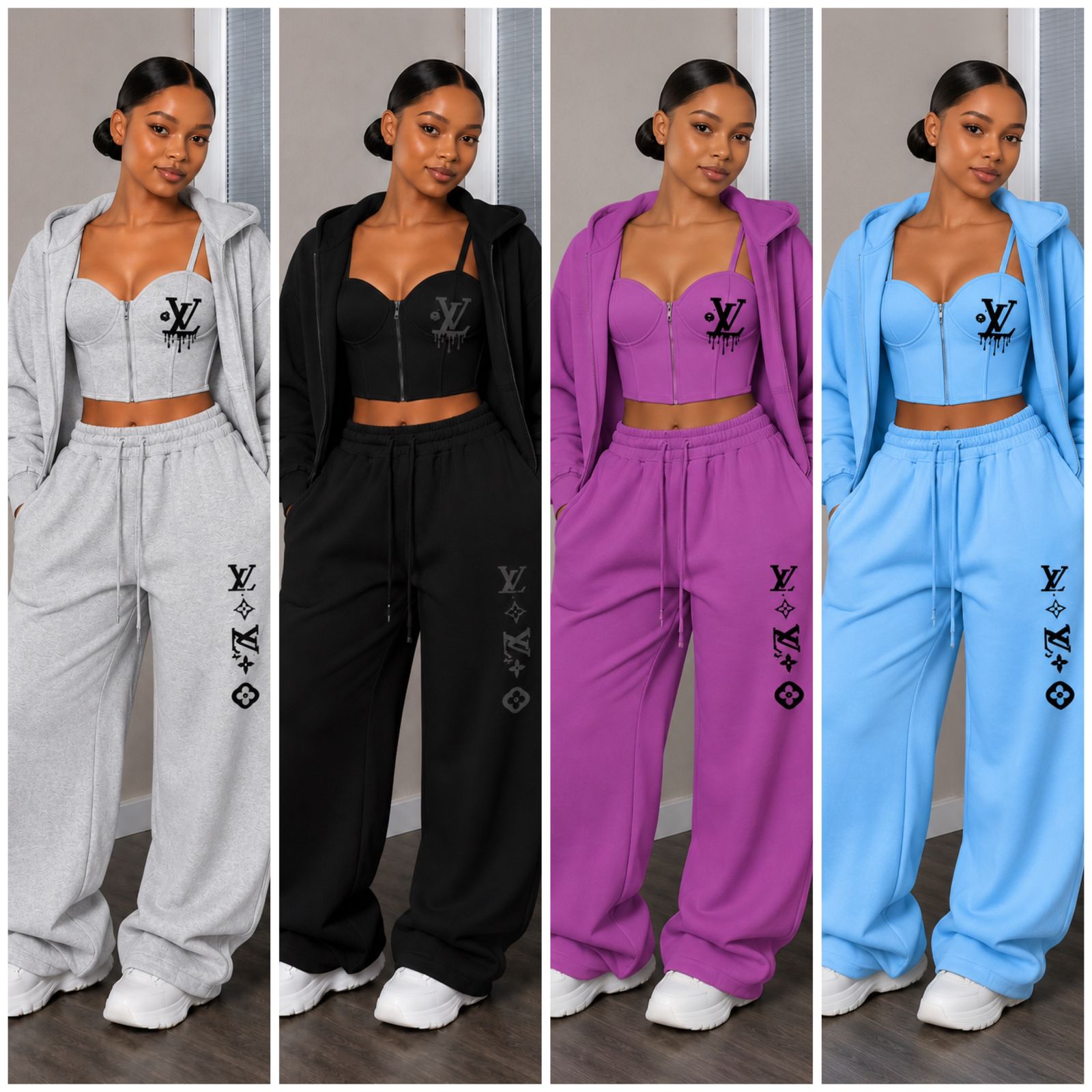 Women’s 3 Piece Hoodie Tracksuit Set – Zip Crop Top & Wide Leg Sweatpants Set