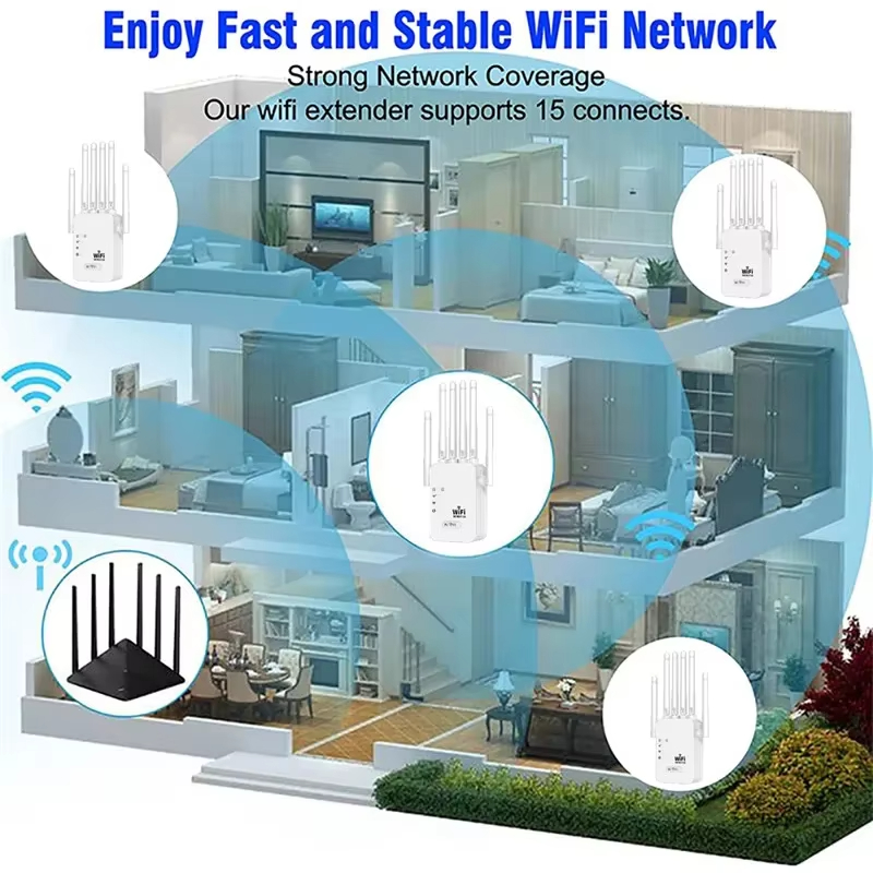 WiFi Booster 1200Mbps Wireless WiFi Repeater WIFI Extender 2.4G/5G Network Amplifier 360° Full Coverage Signal for Office Home