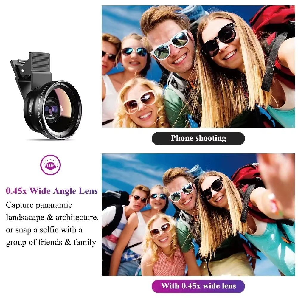 2 In 1 Clip-on Fish Eye Magnifiers Mobile Phone Lens Professional Mobile Phone Camera Lenses 15X Macro 0.45X Super Wide Angle