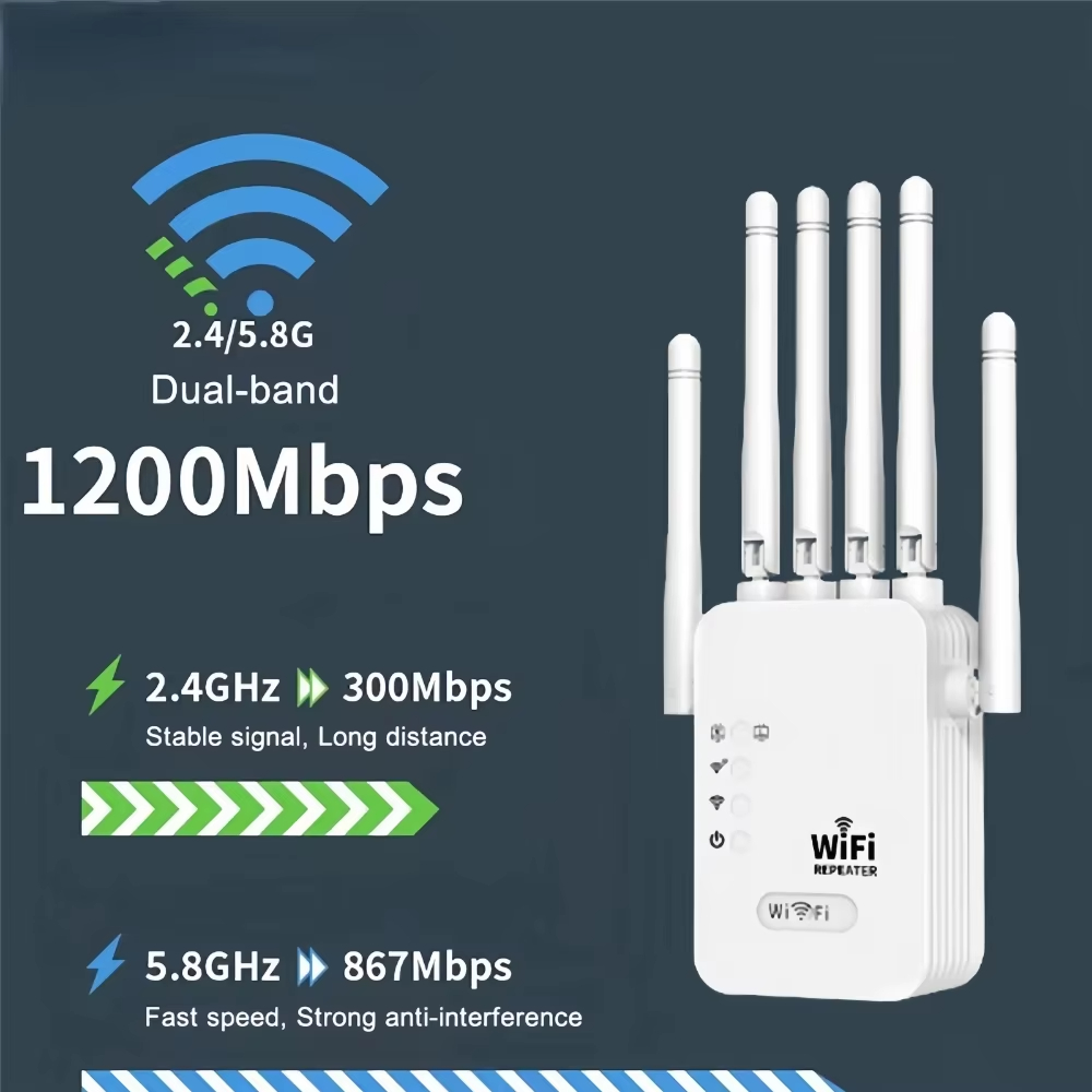 WiFi Booster 1200Mbps Wireless WiFi Repeater WIFI Extender 2.4G/5G Network Amplifier 360° Full Coverage Signal for Office Home