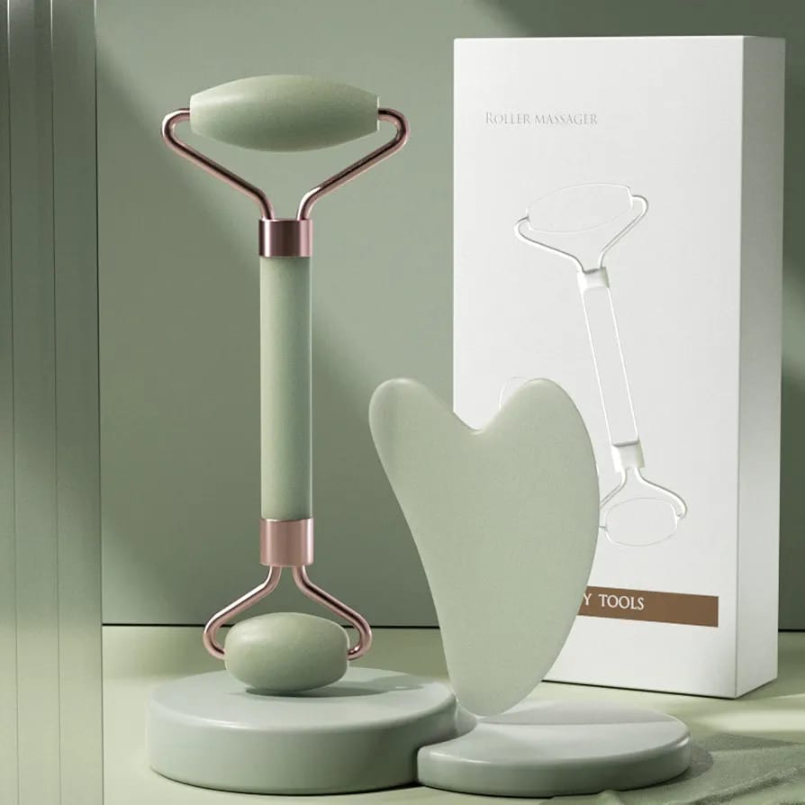 Jade Roller & Gua Sha Set – Facial Massage Beauty Tools with Rose Gold Accents