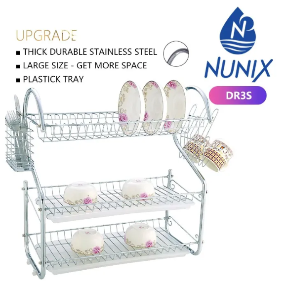 Nunix 3 Tier Stainless Steel Dish Rack 3 Layers Utensil Dish Drainer Kitchen Storage Organizer