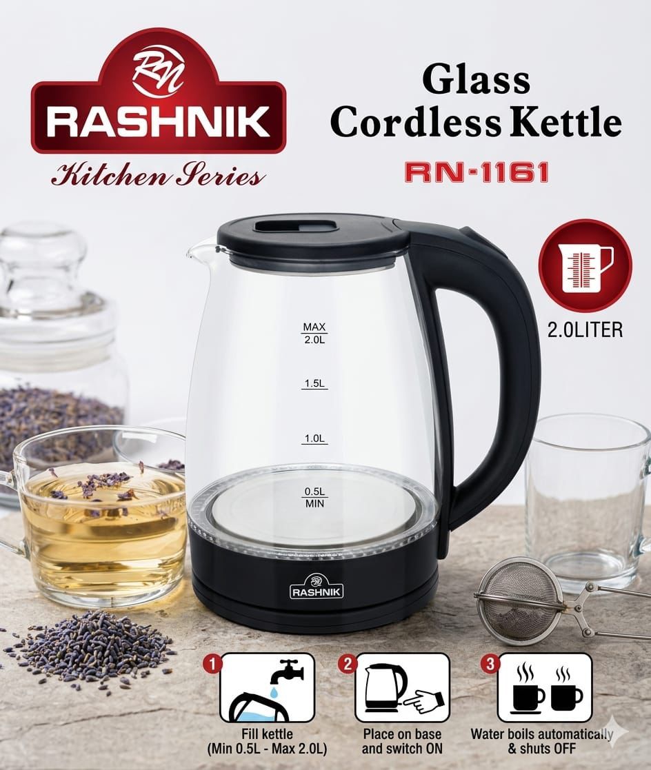 ☕ Rashnik 2.0L Glass Cordless Kettle RN-1161 🔥Boil water quickly and safely with the stylish Rashnik Glass Cordless Kettle ✨⚡Perfect for tea, coffee, noodles & everyday kitchen use