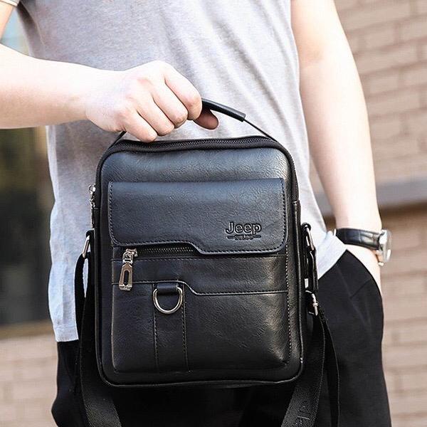 JEEP PU Leather Men’s Crossbody Sling Bag, Waterproof Messenger Chest Bag with USB Charging Port, Business Casual Shoulder Bag for Work Travel Black Brown