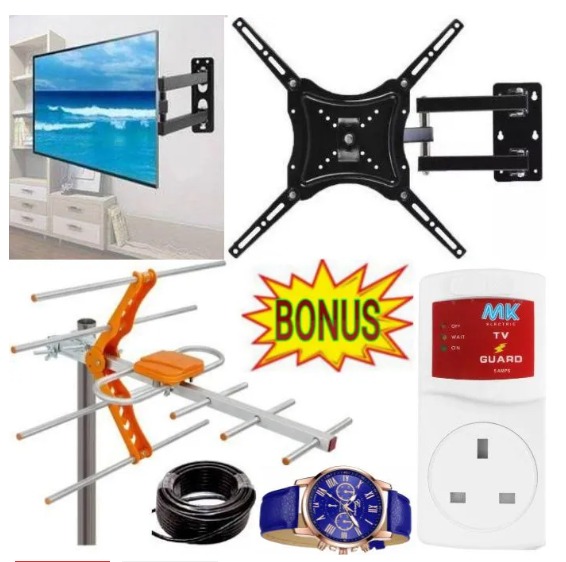 Home Design QUALITY & HEAVY DUTY FULL MOTION 360 DEGREE TV MOUNT - 14 INCH -55 INCH TILT ROTATING WALL MOUNT BRACKET , TV GUARD VOLTAGE POWER PROTECTOR, TV AERIAL ANTENNA &