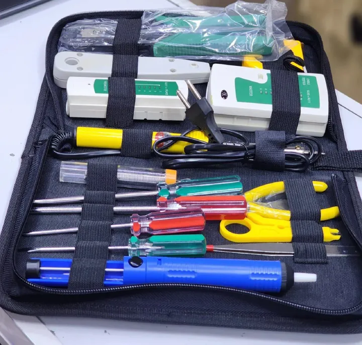 Network Tool Kit 15-in-1 Ethernet Crimping Tool For Cat6, RJ11 / RJ45 Network Cable Tester Wire Tracer Punch Down Tool, Solder Gun, Solder, wire Cutter, screw drivers, tape measure
