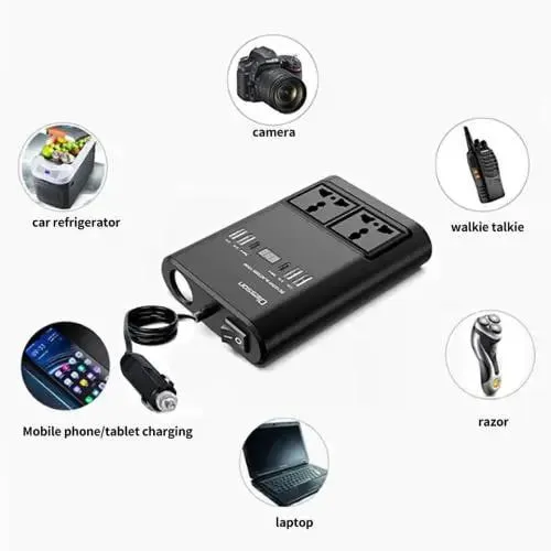 Car Power Inverter 150 Watts DC 12V To AC 220V Converter Outlets 2 USB Universal Socket Power Adapter Inverter With LED Digital Display Extension Cable With USB