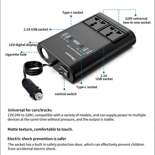 Car Power Inverter 150 Watts DC 12V To AC 220V Converter Outlets 2 USB Universal Socket Power Adapter Inverter With LED Digital Display Extension Cable With USB