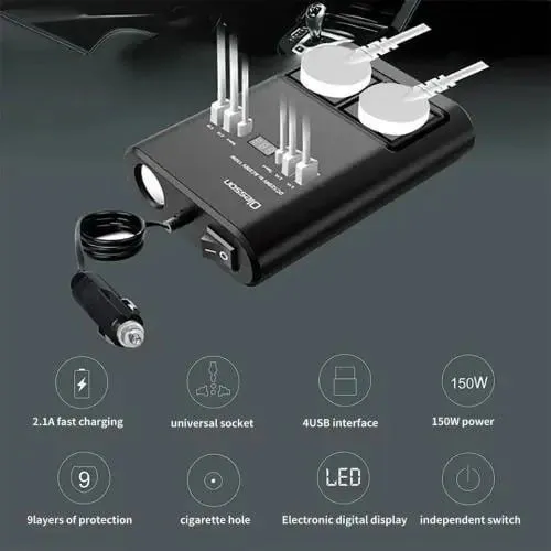 Car Power Inverter 150 Watts DC 12V To AC 220V Converter Outlets 2 USB Universal Socket Power Adapter Inverter With LED Digital Display Extension Cable With USB