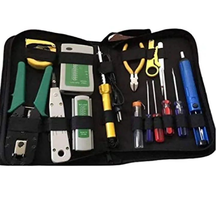 Network Tool Kit 15-in-1 Ethernet Crimping Tool For Cat6, RJ11 / RJ45 Network Cable Tester Wire Tracer Punch Down Tool, Solder Gun, Solder, wire Cutter, screw drivers, tape measure