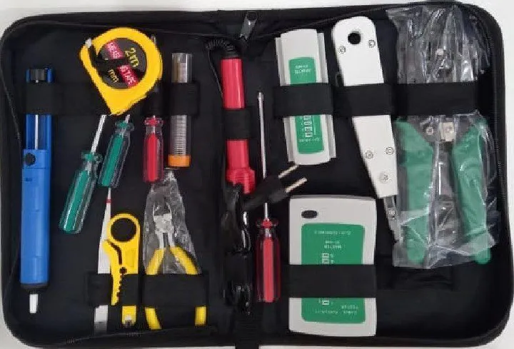 Network Tool Kit 15-in-1 Ethernet Crimping Tool For Cat6, RJ11 / RJ45 Network Cable Tester Wire Tracer Punch Down Tool, Solder Gun, Solder, wire Cutter, screw drivers, tape measure