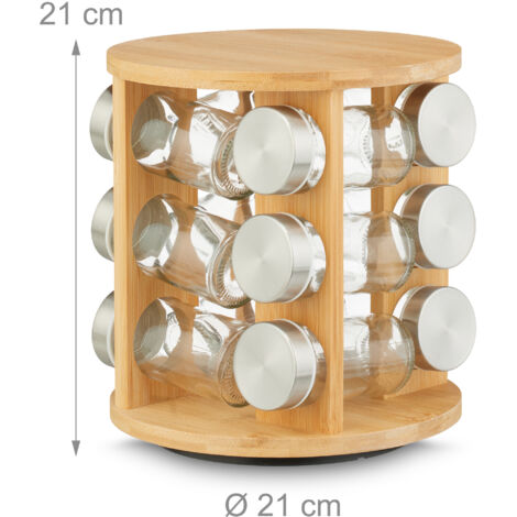 Spice Rack, 12 Jars, 360° Rotating Carousel Stand, HxD 21 x 21 cm, Bamboo, for Herbs & Seasoning, Natural